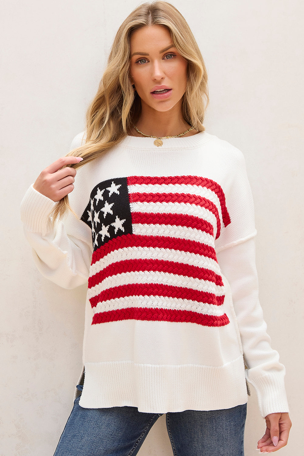 White American Flag Cable Knit Drop Shoulder Sweater Sweaters JT's Designer Fashion