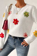 White Colorful Flower Applique Textured Knit Sweater Sweaters JT's Designer Fashion