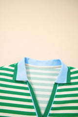 Green Stripe Print Contrast Collar Split Neck Flutter Sleeve Short Dress Mini Dresses JT's Designer Fashion