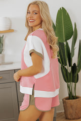 Pink Textured Colorblock Patchwork Tee Two Piece Shorts Set Short Sets JT's Designer Fashion
