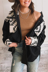 Black Aztec Patchwork Buttoned Corduroy Shacket Black 100%Polyester Jackets JT's Designer Fashion
