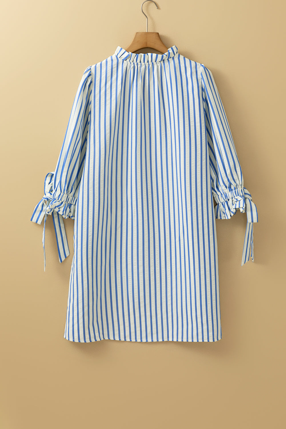 Sky Blue Stripe Knotted Bracelet Sleeve Notched Neck Shift Mini Dress Mini Dresses JT's Designer Fashion