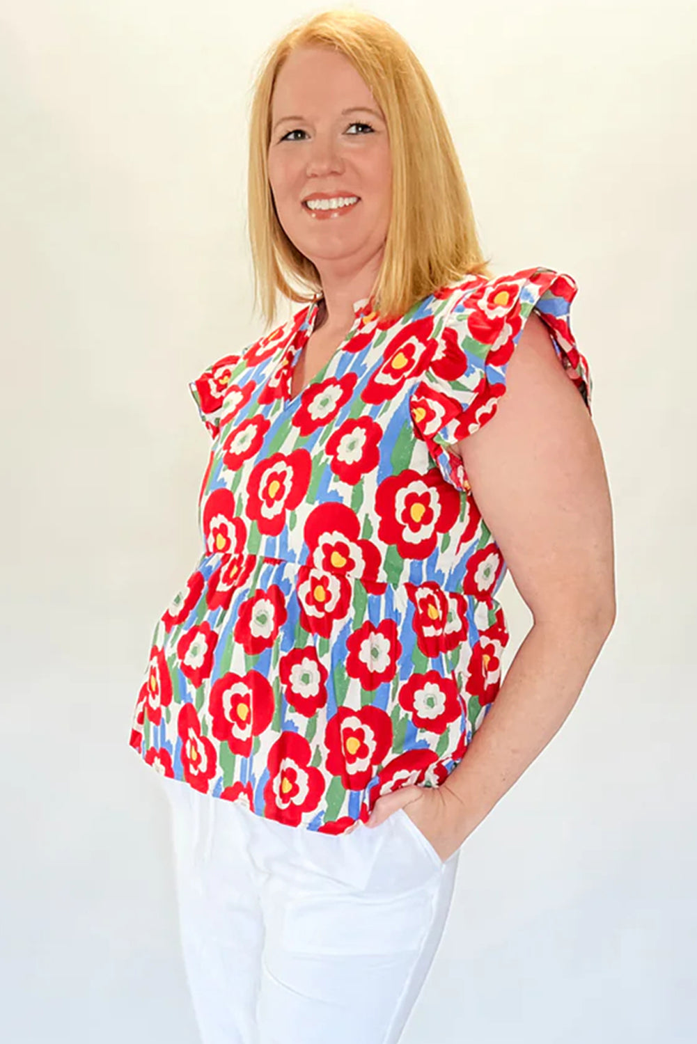 Red Plus Size Floral Print Ruffle Trim Split Neck Peplum Top Plus Size Blouses & Shirts JT's Designer Fashion
