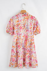 Red Floral Puff Sleeve Notched V Neck Tiered Mini Dress Floral Dresses JT's Designer Fashion