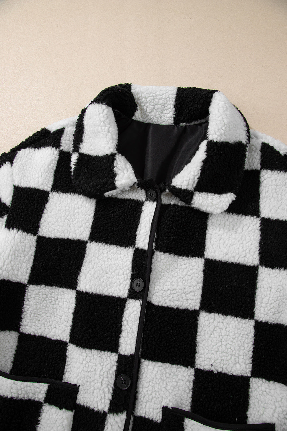Black Checkered Side Pockets Collared Buttoned Fleece Jacket Jackets JT's Designer Fashion