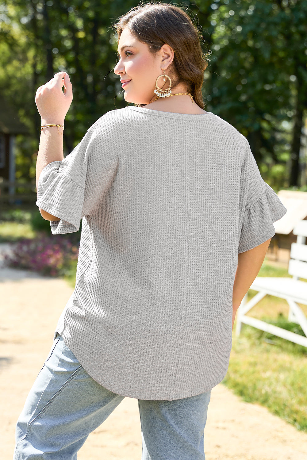 Light Grey Lace Insert Waffle Ruffle Short Sleeve Plus Size Top Plus Size Tops & Tees JT's Designer Fashion