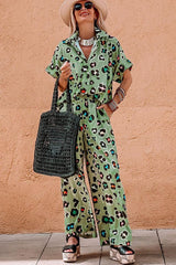 Green Leopard Print Short Sleeve Shirt and Wide Leg Pants Set Pant Sets JT's Designer Fashion
