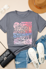 Gray FOREVER CHASING SUNSETS Graphic Summer T Shirt Graphic Tees JT's Designer Fashion