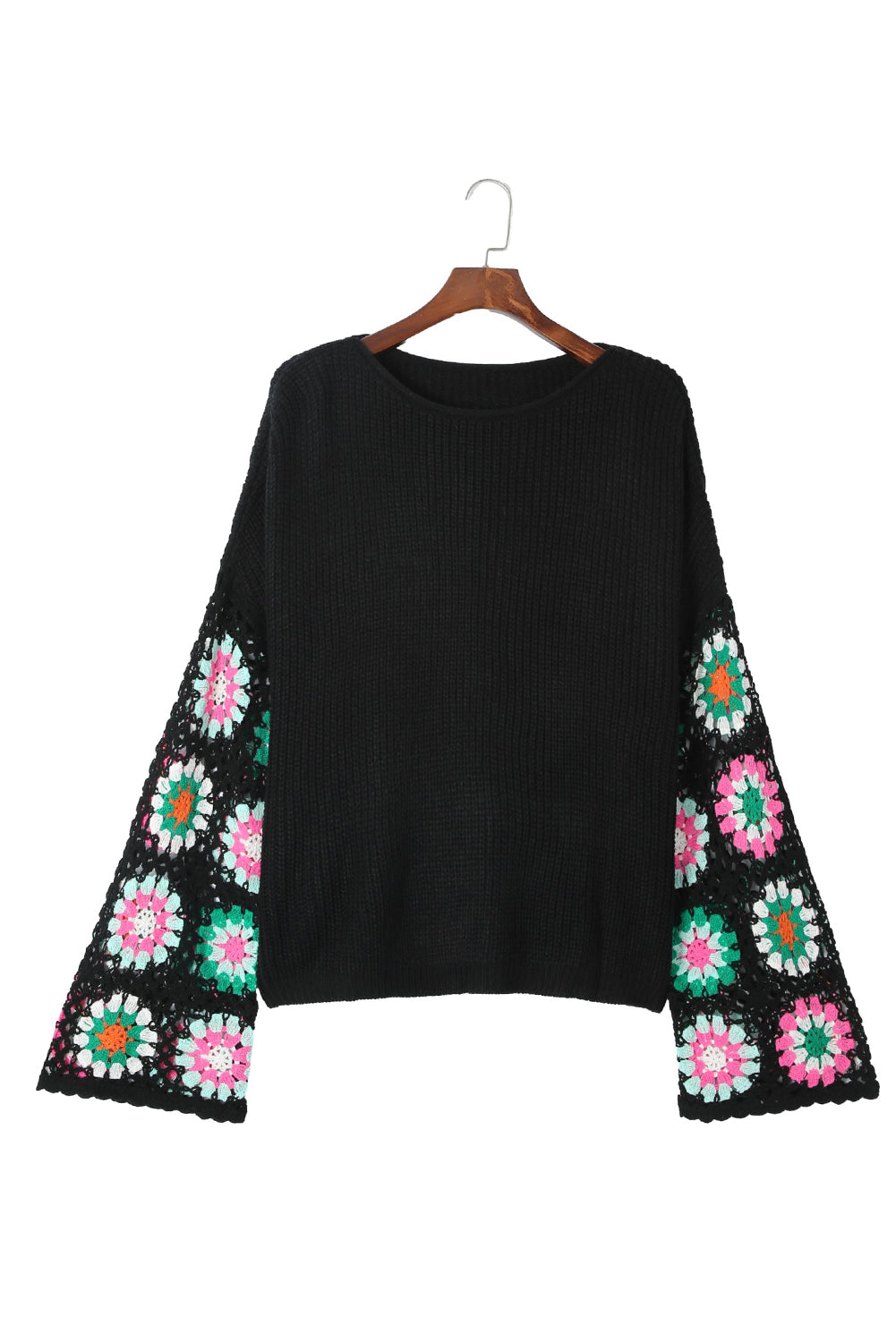 Black Floral Crochet Bell Sleeve Loose Sweater Sweaters JT's Designer Fashion