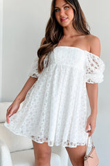 White Floral Lace Puff Sleeve Empire Waist Mini Dress Mini Dresses JT's Designer Fashion