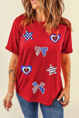 Red American Flag Inspired Sequined Pattern Crewneck Tee Graphic Tees JT's Designer Fashion