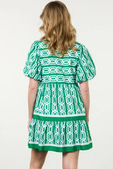 Bright Green Abstract Patterned V Neck Puff Short Sleeve Mini Dress Mini Dresses JT's Designer Fashion