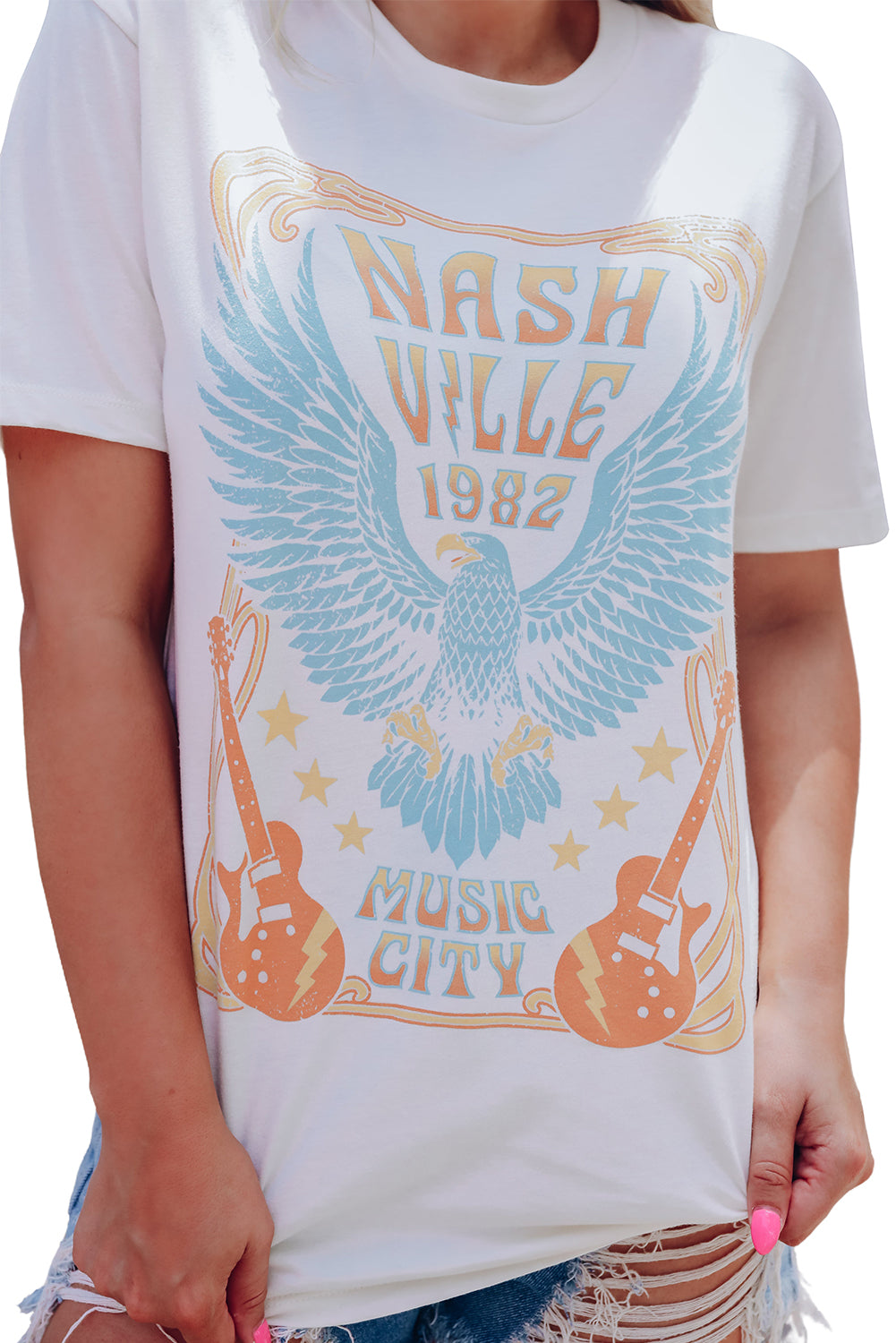 White NASHVILLE 1982 MUSIC CITY Casual T Shirt Graphic Tees JT's Designer Fashion