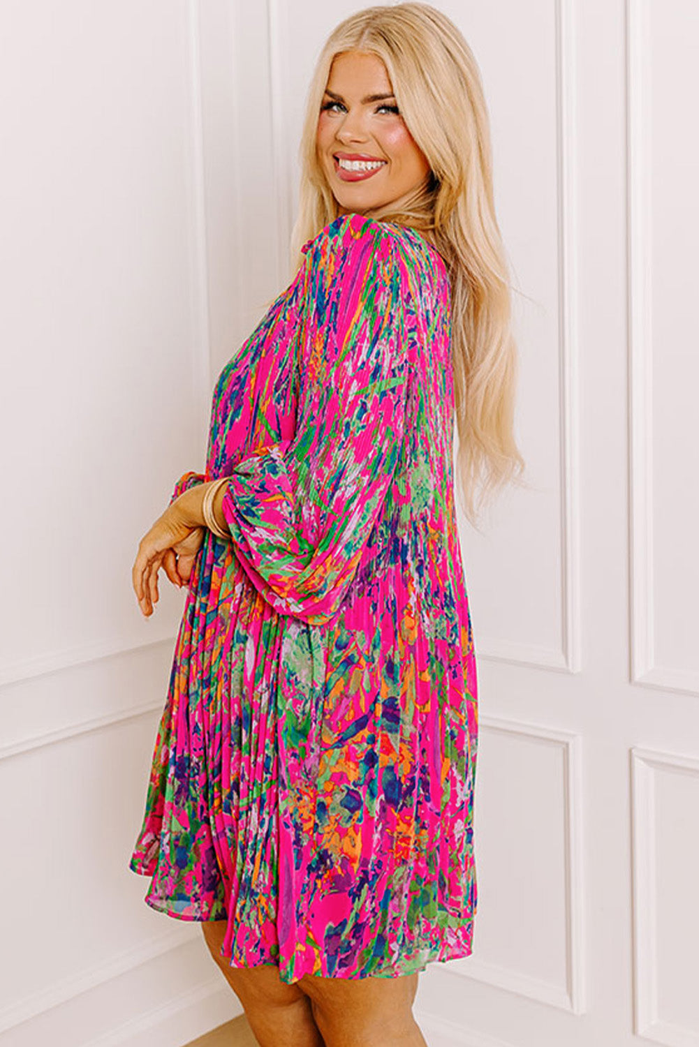 Rose Plus Size Abstract Floral Print Pleated Loose Dress Plus Size Mini Dresses JT's Designer Fashion