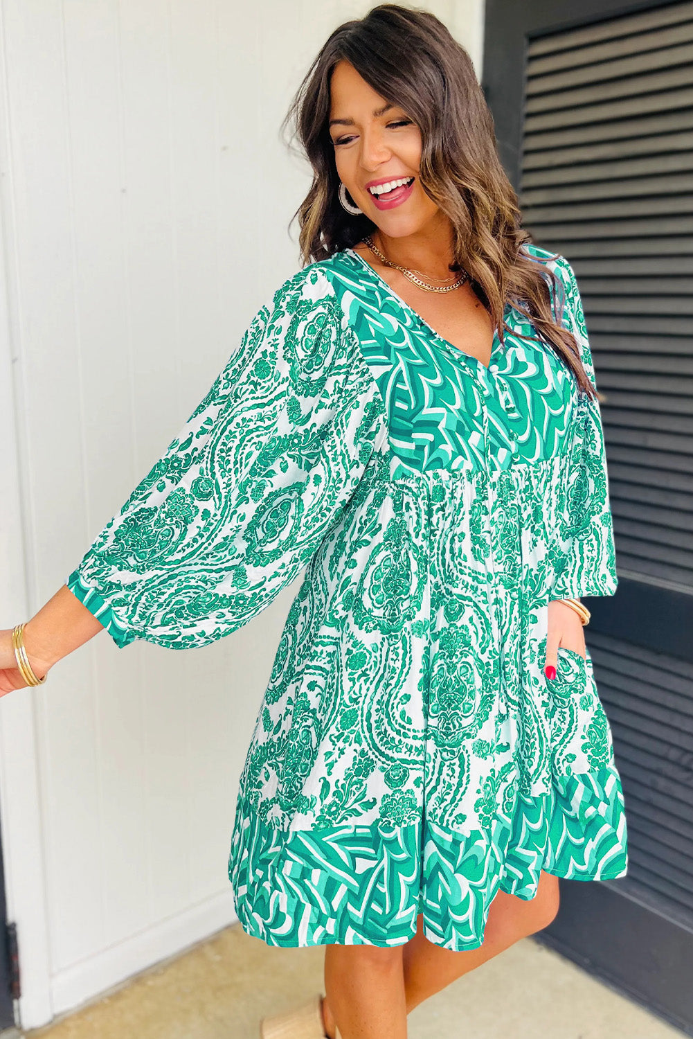 Green Bohemian Print Puff Sleeve Tied V Neck Flared Mini Dress Mini Dresses JT's Designer Fashion