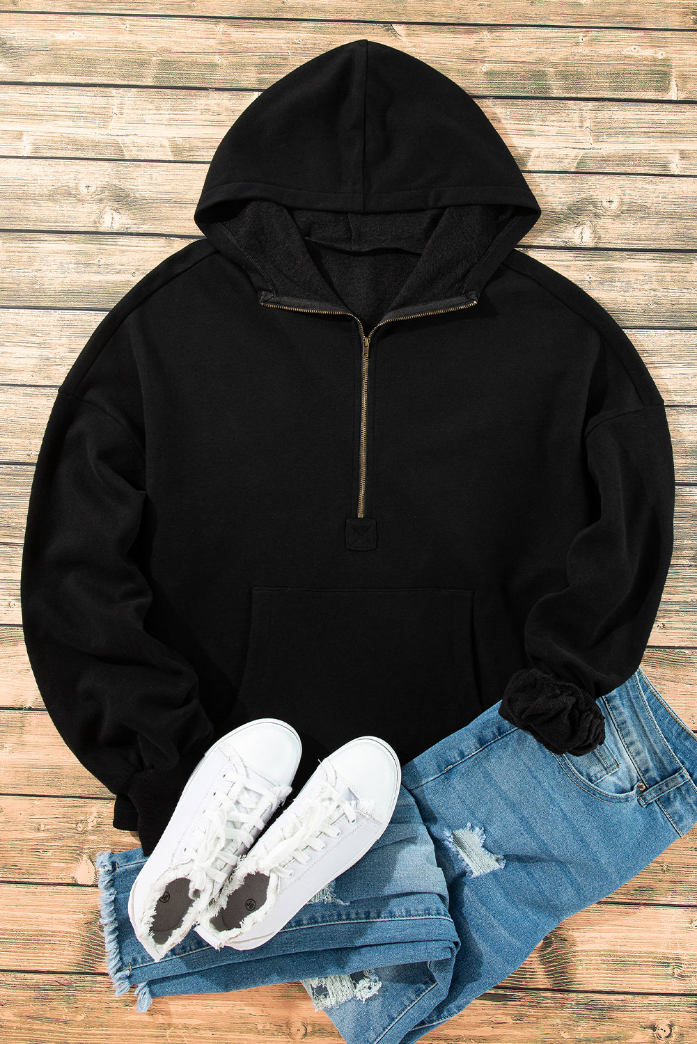 Black Fleece Lined Half Zipper Kangaroo Pockets Loose Hoodie Sweatshirts & Hoodies JT's Designer Fashion