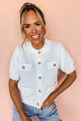 White Short Sleeve Button Detail Lightweight Knitted Shirt Sweaters & Cardigans JT's Designer Fashion