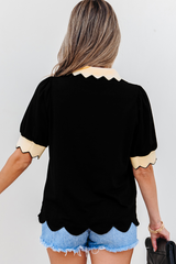 Black Contrast Scalloped Collar Cuffs Rodeo Patched Graphic Short Sleeve Top Graphic Tees JT's Designer Fashion