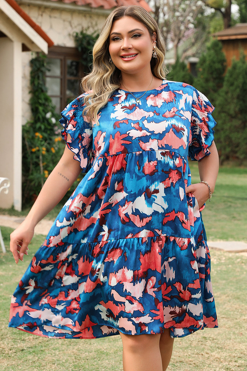 Blue Abstract Print Shirred Ruffled Short Sleeve Tiered Plus Size Mini Dress Plus Size Mini Dresses JT's Designer Fashion