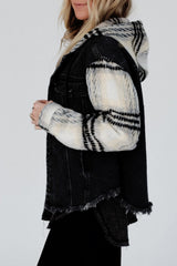 Black Plaid Sleeve Frayed Hem Hooded Denim Jacket Denim Jackets JT's Designer Fashion