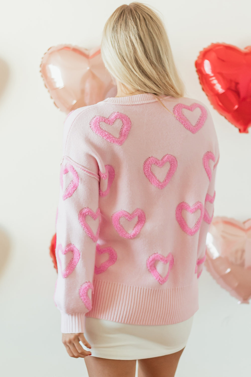 Pink Heart Shape Bubble Sleeve Baggy Sweater Sweaters JT's Designer Fashion