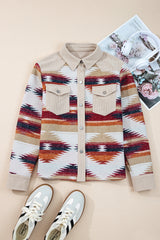 Multicolour Western Aztec Striped Patchwork Double Flap Pocket Raw Hem Shacket Jackets JT's Designer Fashion