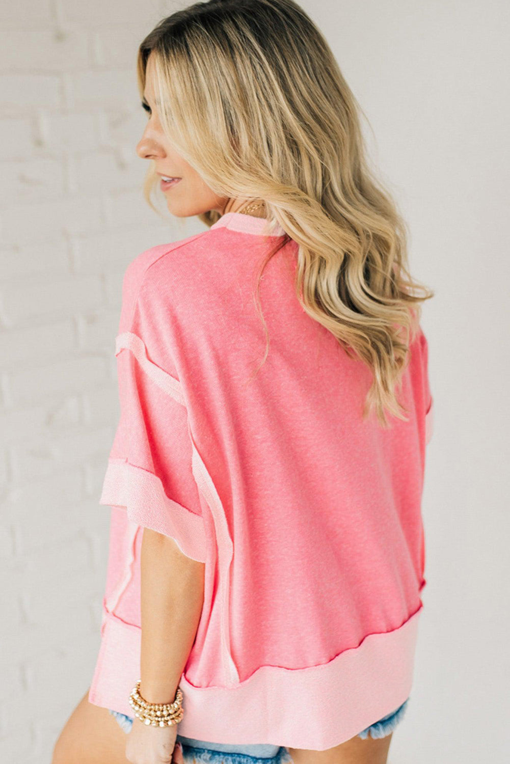 Peach Blossom Raw Seam Mix Texture Patchwork Rodeo Graphic Tee Graphic Tees JT's Designer Fashion