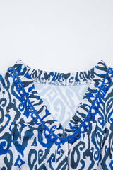 Blue Bohemian Print Embroidered V Neckline Detail Long Sleeve Shirt Blouses & Shirts JT's Designer Fashion