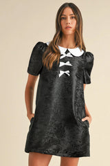 Black Floral Embossed Puff Sleeve Colorblock Bow Collared Mini Dress Mini Dresses JT's Designer Fashion