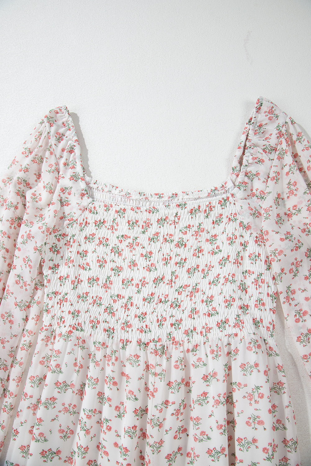 White Floral Print Shirred Ruffled Hem Square Neck Midi Dress Floral Dresses JT's Designer Fashion
