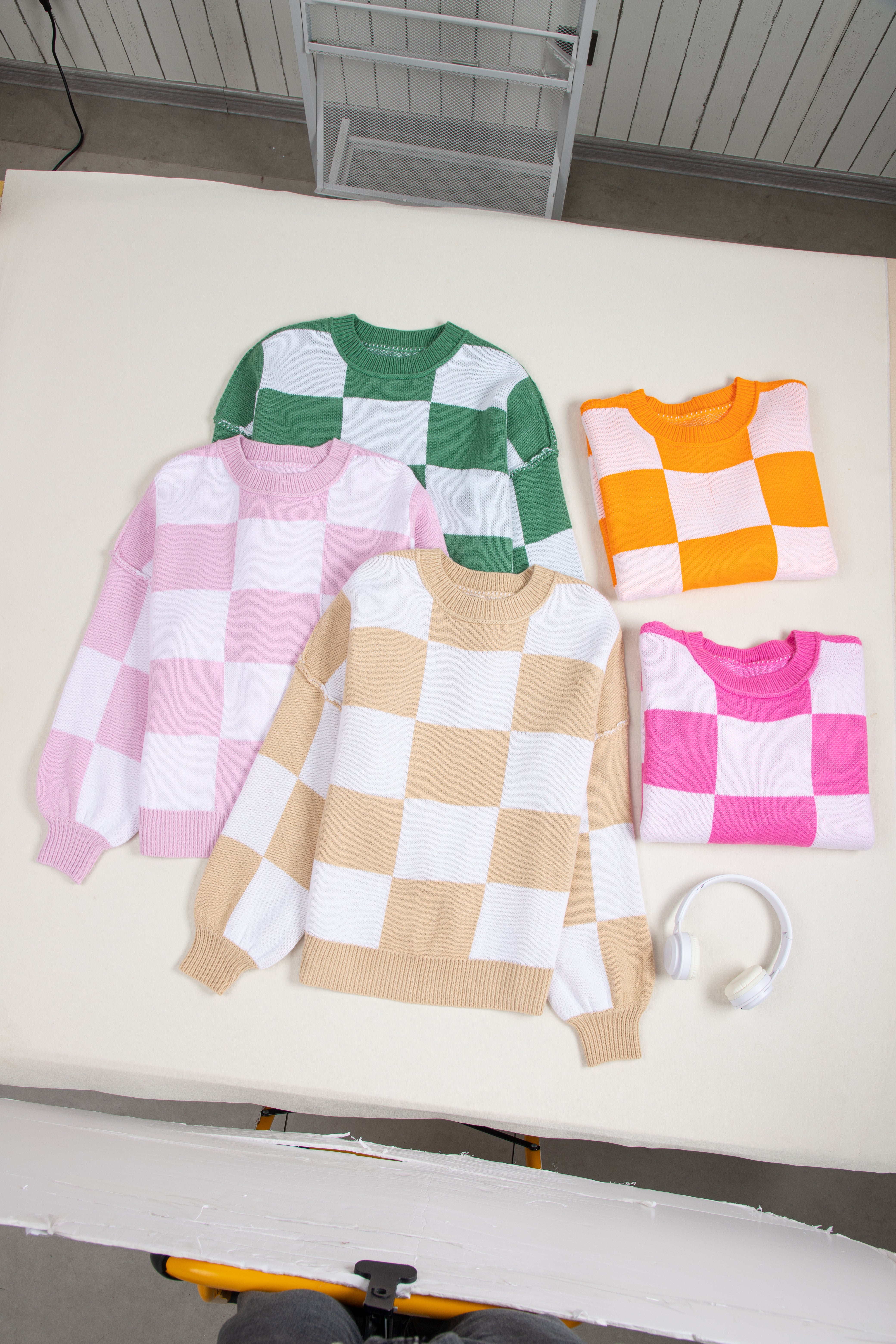 Pink Checkered Bishop Sleeve Sweater Sweaters JT's Designer Fashion