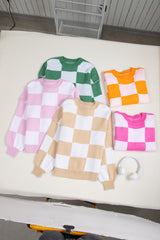 Pink Checkered Bishop Sleeve Sweater Sweaters JT's Designer Fashion