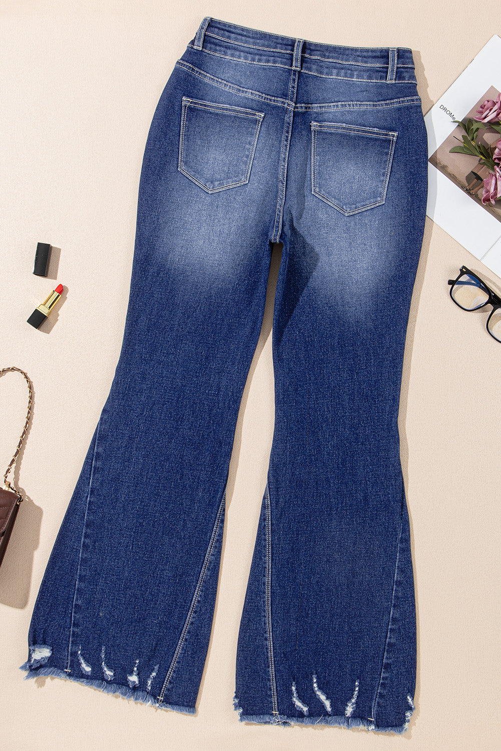 Sail Blue High Rise Dual Button Distressed Raw Hem Flared Jeans Jeans JT's Designer Fashion