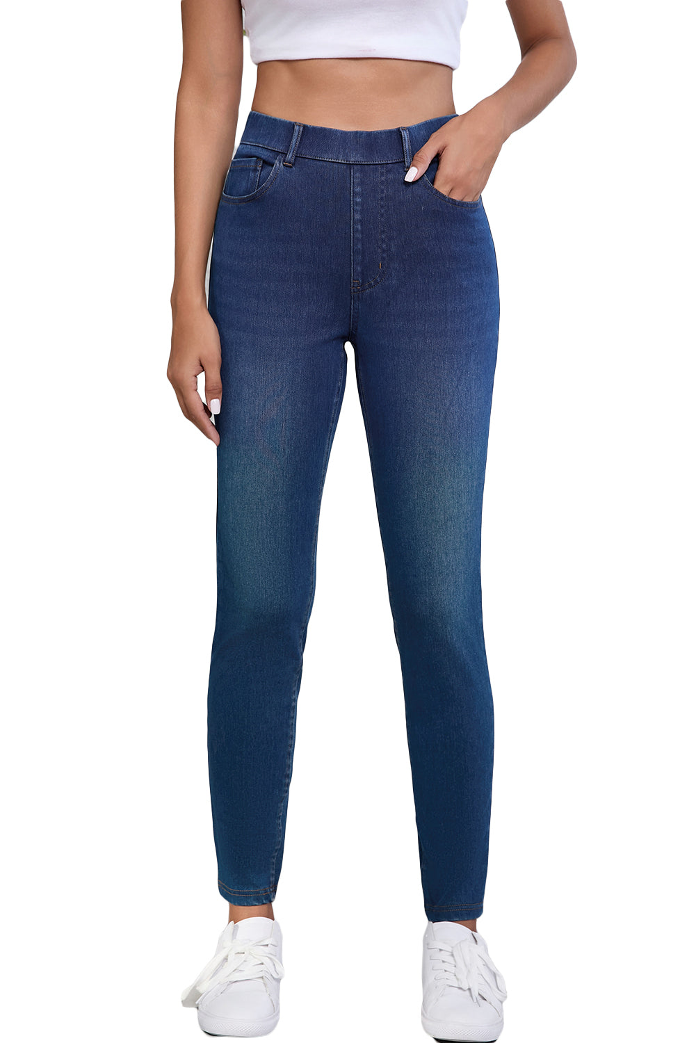 Ashleigh Blue Multiple Pockets Straight Leg Washed Stretchy Knit Casual Jeans Jeans JT's Designer Fashion