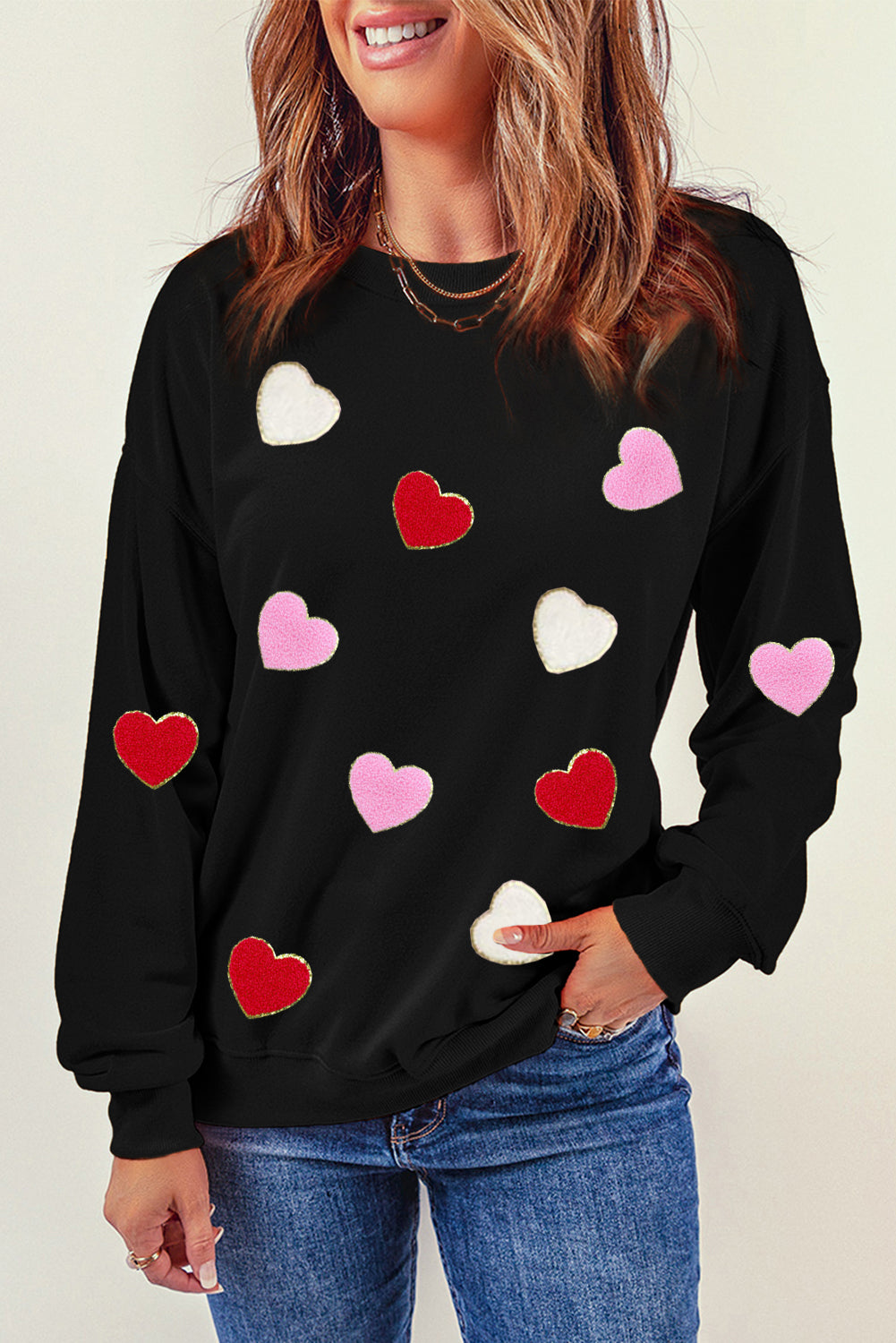 Black Heart Shaped Chenille Embroidered Crew Neck Sweatshirt Graphic Sweatshirts JT's Designer Fashion