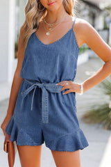 Ashleigh Blue Spaghetti Straps V Neck Belted Ruffled Leg Chambray Romper Bottoms JT's Designer Fashion