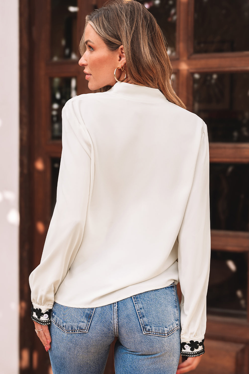 Beige Floral Embroidered Stand Neck Buttoned Shirt Blouses & Shirts JT's Designer Fashion