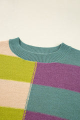 Green Stripe Drop Shoulder Ribbed Edge Casual Sweater Sweaters JT's Designer Fashion
