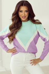 Green Chevron Colorblock Ribbed Knit Drop Shoulder Sweater Sweaters JT's Designer Fashion