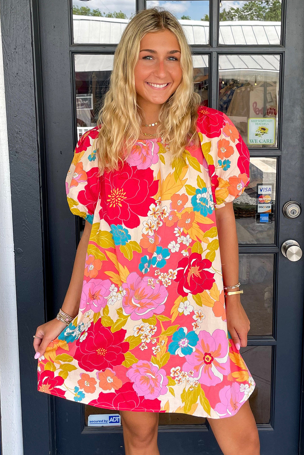 Pink Floral Print Bubble Short Sleeve Dress Floral Dresses JT's Designer Fashion