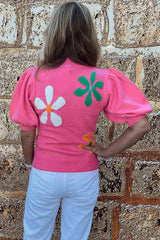 Bright Pink Floral Bubble Short Sleeve Sweater Sweaters & Cardigans JT's Designer Fashion