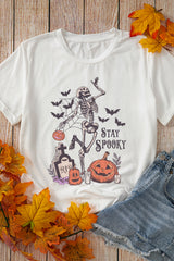 White Skull Pumpkin Face STAY SPOOKY Graphic Halloween T Shirt Graphic Tees JT's Designer Fashion