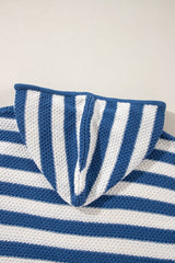 Blue Stripe V Neck Pocketed Drawstring Hooded Sweater Sweaters JT's Designer Fashion