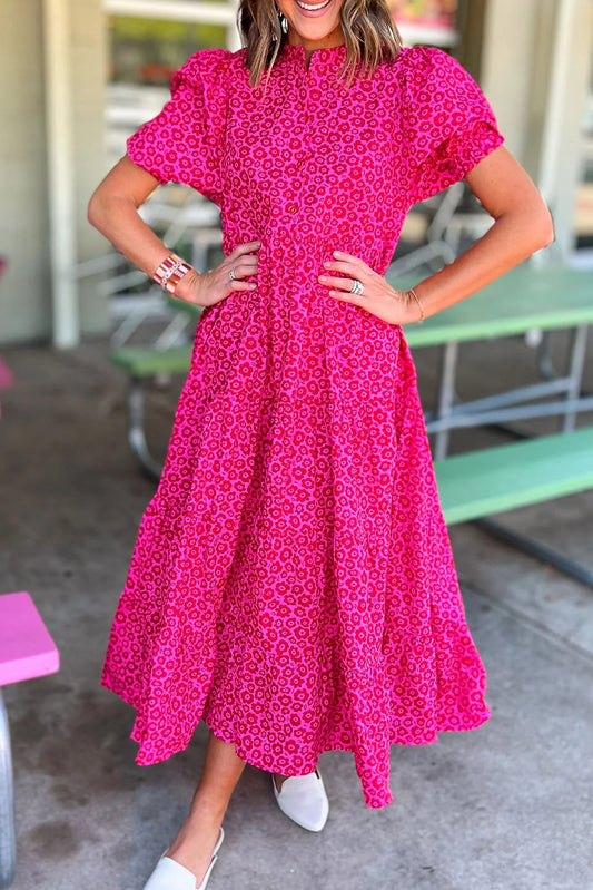 Rose Red Mock Neck Puff Sleeve Leopard Tiered Maxi Dress Dresses JT's Designer Fashion