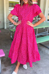 Rose Red Mock Neck Puff Sleeve Leopard Tiered Maxi Dress Dresses JT's Designer Fashion