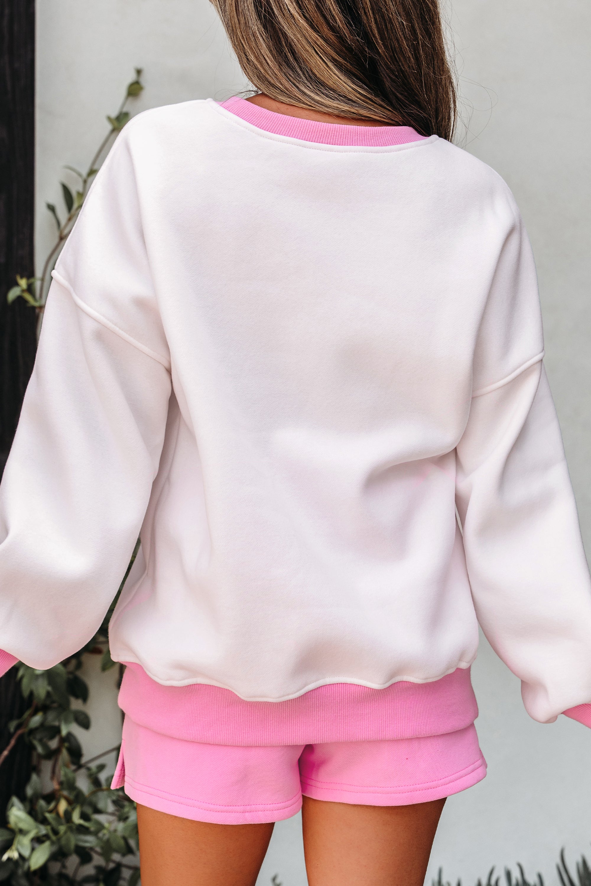 Strawberry Pink Color Block Pullover and Lace-up Elastic Waist Shorts Set Short Sets JT's Designer Fashion