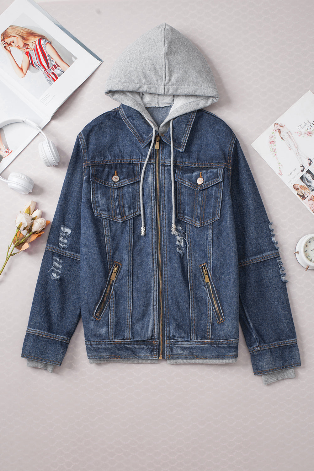 Dark Blue Fake Two-Piece Hooded Zip-Up Denim Jacket Denim Jackets JT's Designer Fashion