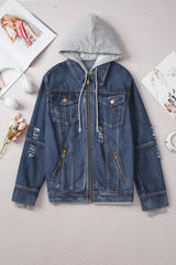 Dark Blue Fake Two-Piece Hooded Zip-Up Denim Jacket Denim Jackets JT's Designer Fashion