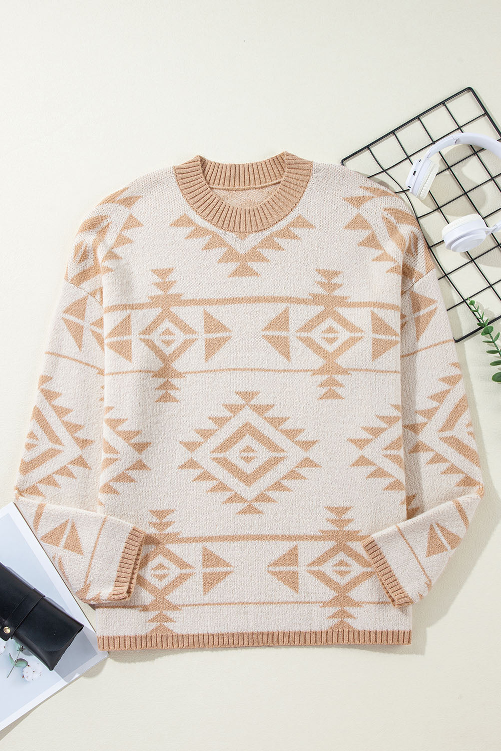 Apricot Plus Size Western Aztec Print Loose Sweater Plus Size Sweaters & Cardigans JT's Designer Fashion