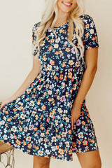 Blue Short Sleeve A-line Floral Dress Blue 95%Polyester+5%Elastane Floral Dresses JT's Designer Fashion